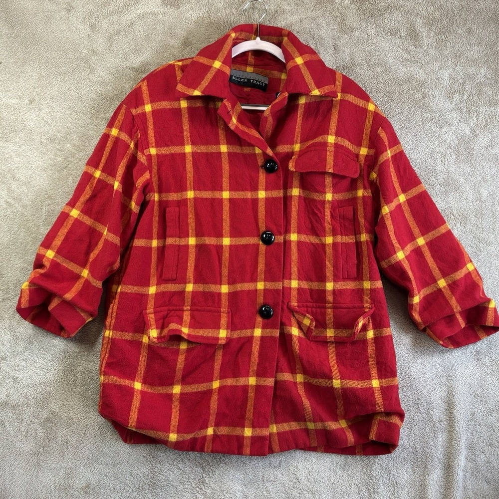 VTG 80s‎ 90s Red Plaid Coat S Wool Cashmere Oversized Statement Preppy EUC